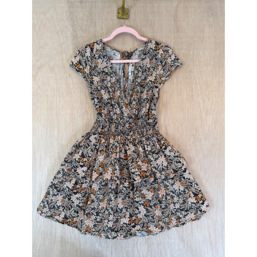 American Eagle Floral Smocked Tiered Mini Dress V-Neck Cap Sleeve Small